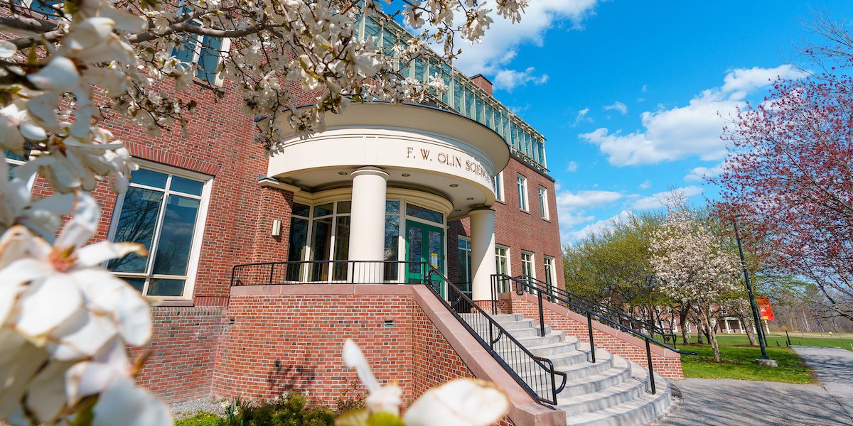 FW Olin School entrance with flowering trees bright blue sky and clouds in the background showcasing a beautiful spring scene