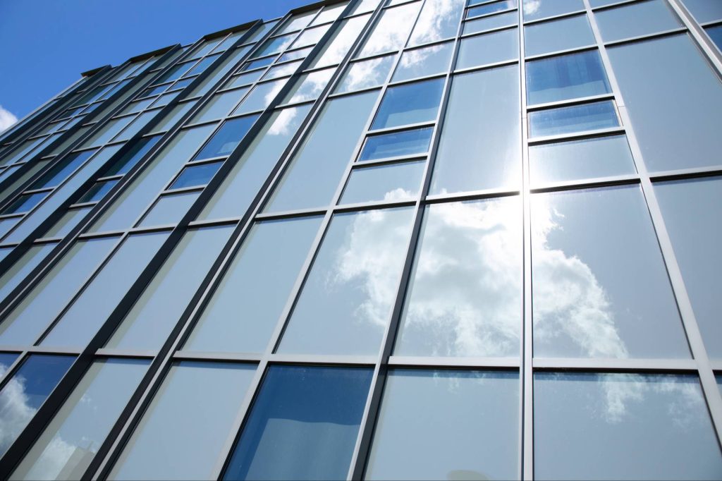 windows with sun glare on Davis Science Hall